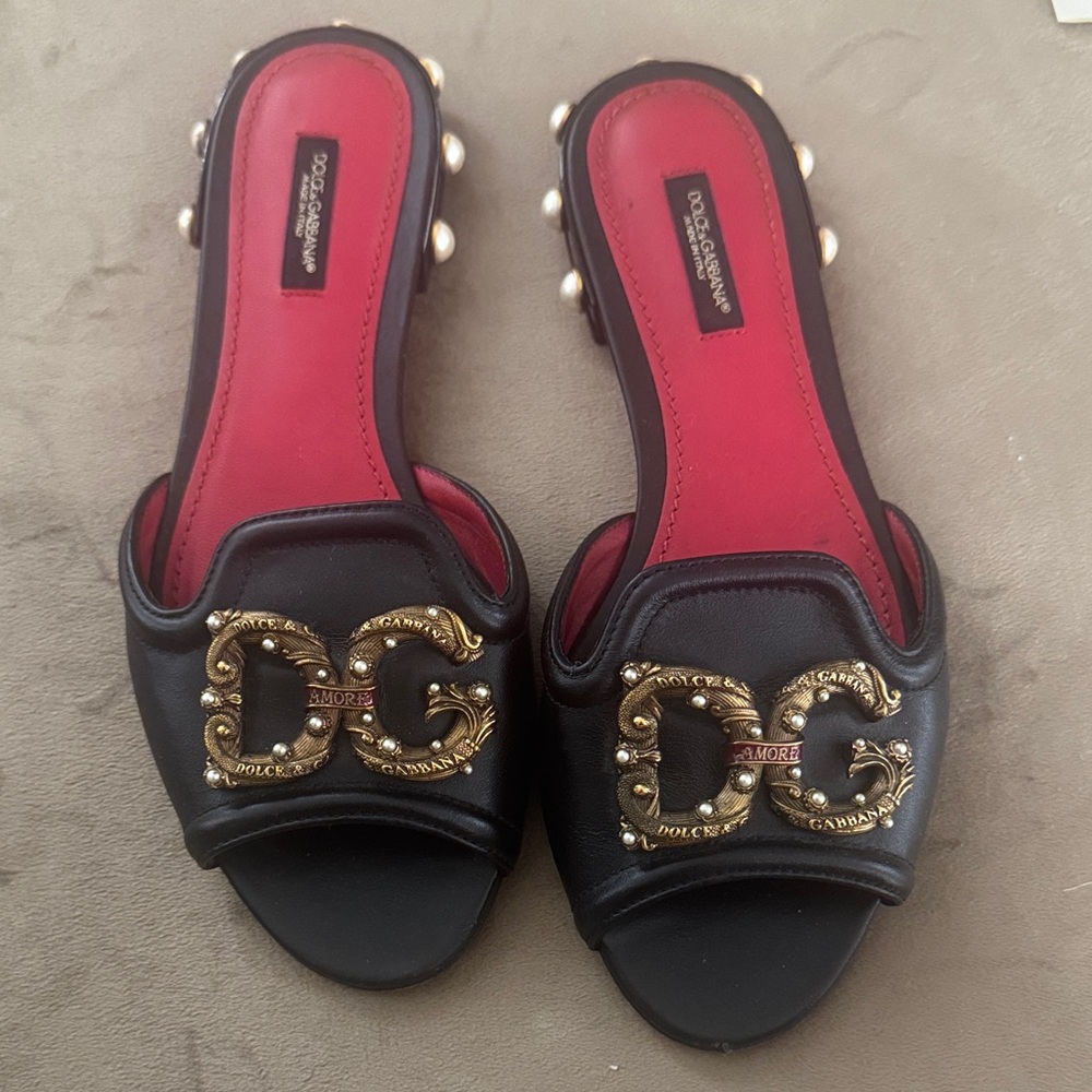 Dolce & Gabbana Black and Gold Embellished Mules